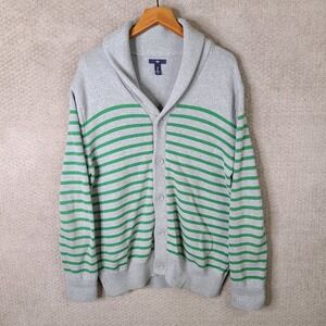 Gap Sweater Mens Large Gray Green Striped Shawl Collar Cardigan 100% Cotton